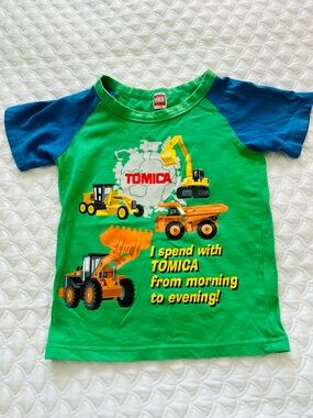 Vintage Japanese Tomica Kids Construction Graphic Tee - Green & Blue